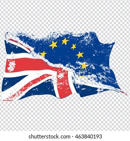 Two torn waving EU and UK flags. Brexit concept. Vector.