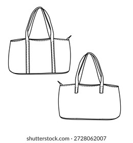 Two tote bags are depicted in a simple line drawing, showcasing their design and shape. The bags feature handles and a zipper closure.