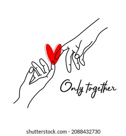 Two touching hands, drawn in black contour lines  with inscription on a white background.  Vector illustration for festive greeting card, postcard, banner.