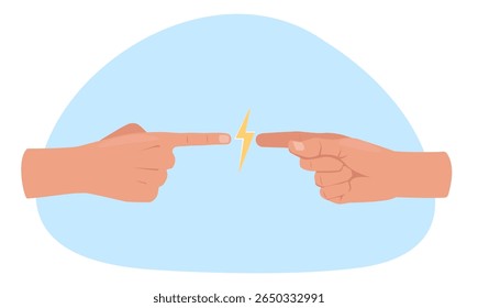 Two touching hands with lightning between index fingers. Electric voltage. Static electricity. Conflict communication. Connection sparks. Forefingers contact. Thunder