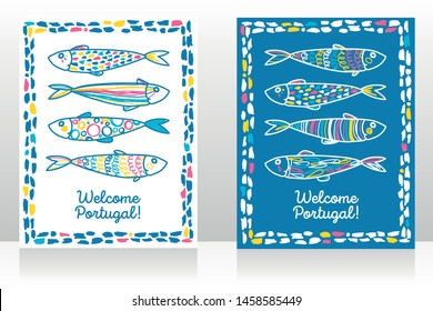 Two touristic banners for welcome Portugal with cute doodle sardines, sketch style vector illustration