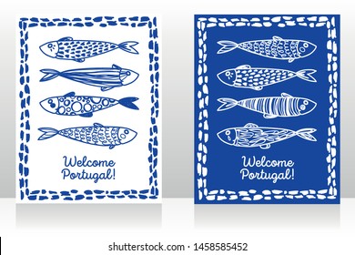 Two touristic banners for welcome Portugal with cute doodle sardines, sketch style vector illustration