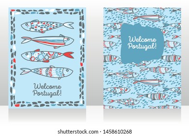 Two touristic banners for welcome Portugal with cute doodle sardines, sketch style vector illustration