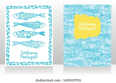 Two touristic banners for welcome Portugal with cute doodle sardines, yellow and light blue colors, sketch style vector illustration