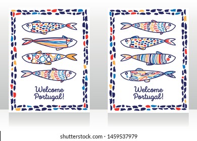 Two touristic banners for welcome Portugal with cute doodle sardines, sketch style vector illustration