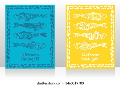 Two touristic banners for welcome Portugal with cute doodle sardines, blue and yellow, sketch style vector illustration
