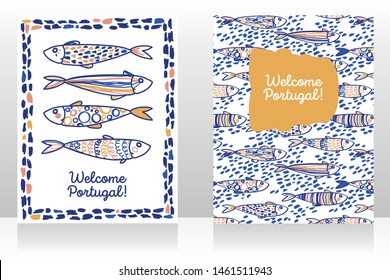 Two touristic banners for welcome Portugal with cute doodle sardines, sketch style vector illustration