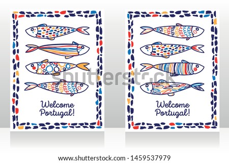 Two touristic banners for welcome Portugal with cute doodle sardines, sketch style vector illustration