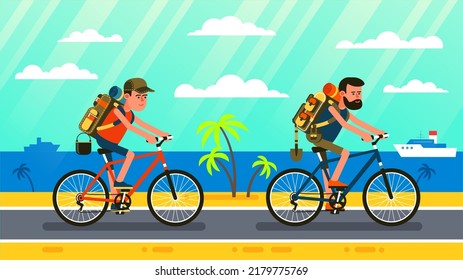Two tourists with backpacks on bicycles rides along California beach. Hiker cyclist travels along the seashore. Go Everywhere. Vector illustration