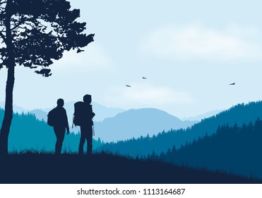 Two tourists with backpacks standing in mountain landscape with forest, under blue sky with clouds and flying birds - vector