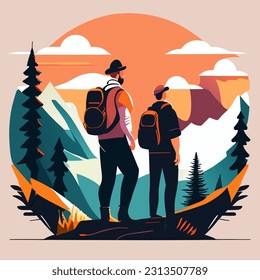 Two tourists with backpacks standing in mountain landscape with forest, under blue sky with clouds and flying birds