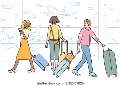 Two tourists dragging their luggage in the air, looking around each other, making eye contact. Some travelers enjoy the scenery outside the airport. hand drawn style vector design illustrations. 