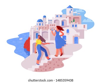 Two Tourists Girls on the Promenade in the Small Sea Town on the Rock.