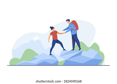 Two tourists hiking in mountains. Travel, backpack, nature flat vector illustration. Vacation and summer activity concept for banner, website design or landing web page