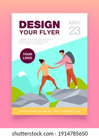 Two tourists hiking in mountains. Travel, backpack, nature flat vector illustration. Vacation and summer activity concept for banner, website design or landing web page