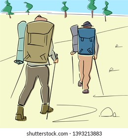 Two tourists with hiking sticks and backpacks go under the valley. Vector flat illustration. Colorful drawing. Isolated black contour and colors. Active lifestyle. Hand drawn sketch.