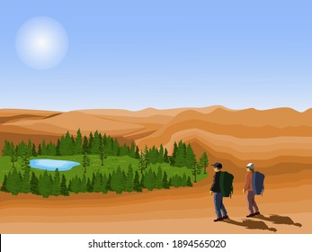 
Two tourists looking at the desert oasis with blue sky background.