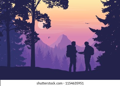 Two tourists, man and woman with backpacks together standing in the woods looking for a path on the map, mountain landscape with flying birds, purple sky, rising sun and clouds - vector