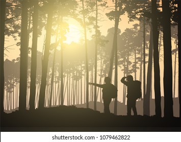 Two Tourists, Man And Woman Walking In The Woods With Sunlight - Vector