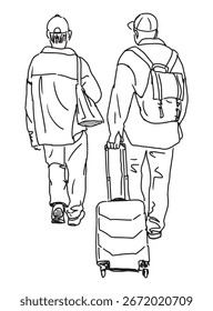 Zwei Touristen Männer mit Koffer, Rucksack, lässiger Fußgänger auf Reisen, realistische Skizze, Vektor, Kontur handgezeichnete Illustration auf weißem Hintergrund