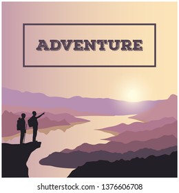 Two tourists on a cliff. Landscape of mountains and rivers with sunrise. Silhouettes of men travelers.