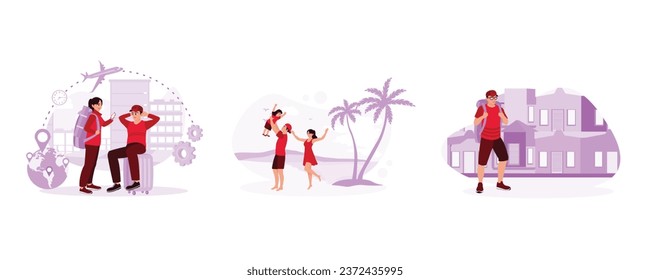 Dos turistas de vacaciones alrededor del mundo. Familia feliz de vacaciones en la playa. Joven caminando por la carretera junto a la playa. Concepto de viajes de vacaciones. Establecer la imagen plana vectorial moderna de tendencia