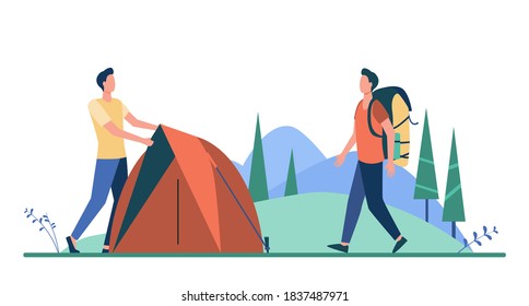 Dos turistas acechando una carpa en la pradera. Bosque, naturaleza. Ilustración vectorial plana. El concepto de camping puede utilizarse para presentaciones, banner, diseño de sitios web, página web de aterrizaje