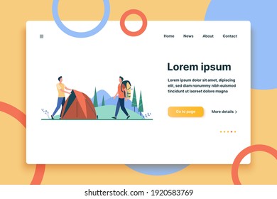 Dos turistas acechando una carpa en la pradera. Bosque, naturaleza. Ilustración vectorial plana. El concepto de camping puede utilizarse para presentaciones, banner, diseño de sitios web, página web de aterrizaje