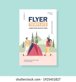 Zwei Touristen schlagen Zelt auf der Wiese. Wald, Natur. Flache Vektorgrafik. Das Camping-Konzept kann für Präsentationen, Banner, Website-Design, Landing-Webseite verwendet werden