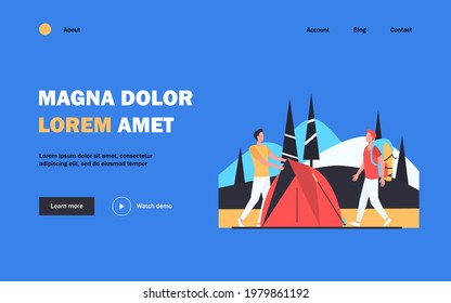 Two tourists pitching tent on meadow. Forest, nature. Flat vector illustration. Camping concept can be used for presentations, banner, website design, landing web page