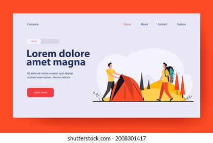 Two tourists pitching tent on meadow. Forest, nature. Flat vector illustration. Camping concept can be used for presentations, banner, website design, landing web page