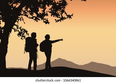 Two tourists standing under a tree pointing in the distance in mountain landscape with orange sky and space for your text - vector