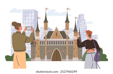 Two tourists taking pictures of a medieval-style castle, blending history and modernity. Urban and cultural exploration, sightseeing, history, architecture, tourism. Ideal for travel brochures