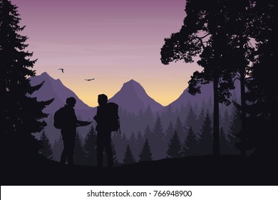Two tourists walking through a mountain landscape with a forest looking for a path in the map under a morning sky with dawn - vector