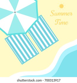 Two towels and parasol on the beach. Vector illustration