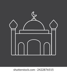 Two Tower Yellow and Green Mosque or masjid with Crescent Moon on Top. Vector Illustration Icon in Black and White or Grayscale Coor Background.