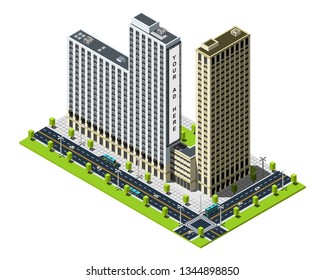 Two towers in Chicago isometric vector illustration. 3d skyscrapers illustration. Outdoor advertising, vertical billboard and public transport concept.