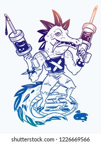 Сrocodile with two toxic guns. Vector isolated illustration. Fantasy art, stickers, coloring books.