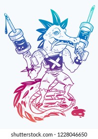 Сrocodile with two toxic guns. Vector isolated illustration. Fantasy art, stickers, coloring books.