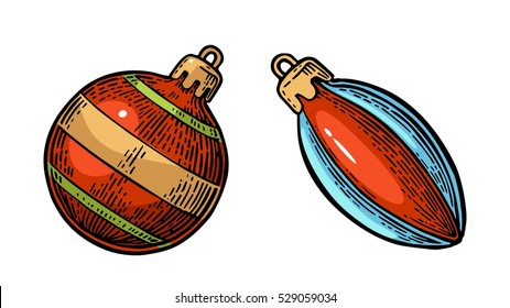 Two toy for fir tree. For Merry Christmas and Happy New Year poster. Isolated on white background. Vector vintage color engraving illustration.