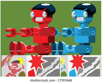 dos robots de juguete sentados en una tienda esperando navidad