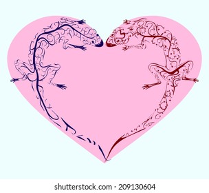 two tracery  pattern lizards twisted pink heart