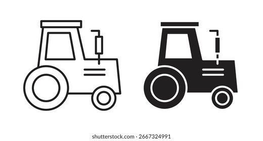 Two tractor icons, one line art and one solid black, isolated on white. Perfect for agricultural or farming designs.