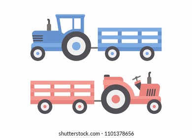 Two Tractor with trailer. Blue and Red color. flat style. isolated on white background