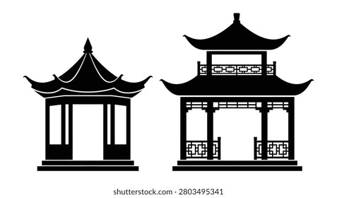 Two traditional asian pagoda structures depicted as a black silhouette architecture east temple japanese chinese oriental roofline tiered