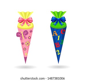 Two traditional German candy cones ( Schultüte oder Zuckerhüte) on the first school day. Without background, isolated. Clip art for your design.