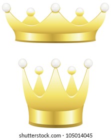 Two traditional gold crowns with pearls isolated on white.