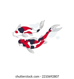 Two traditional Japanese koi carp fish top view on a white background in abstract linear drawing style. Vector illustration of one line