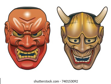 Two traditional japanese theater masks made of wood on white background