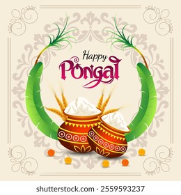  Two traditional Pongal pots filled with boiling milk and rice surrounded by wheat stalks and framed by green banana leaves The words Happy Pongal are written in a festive font joyful spirit of this  